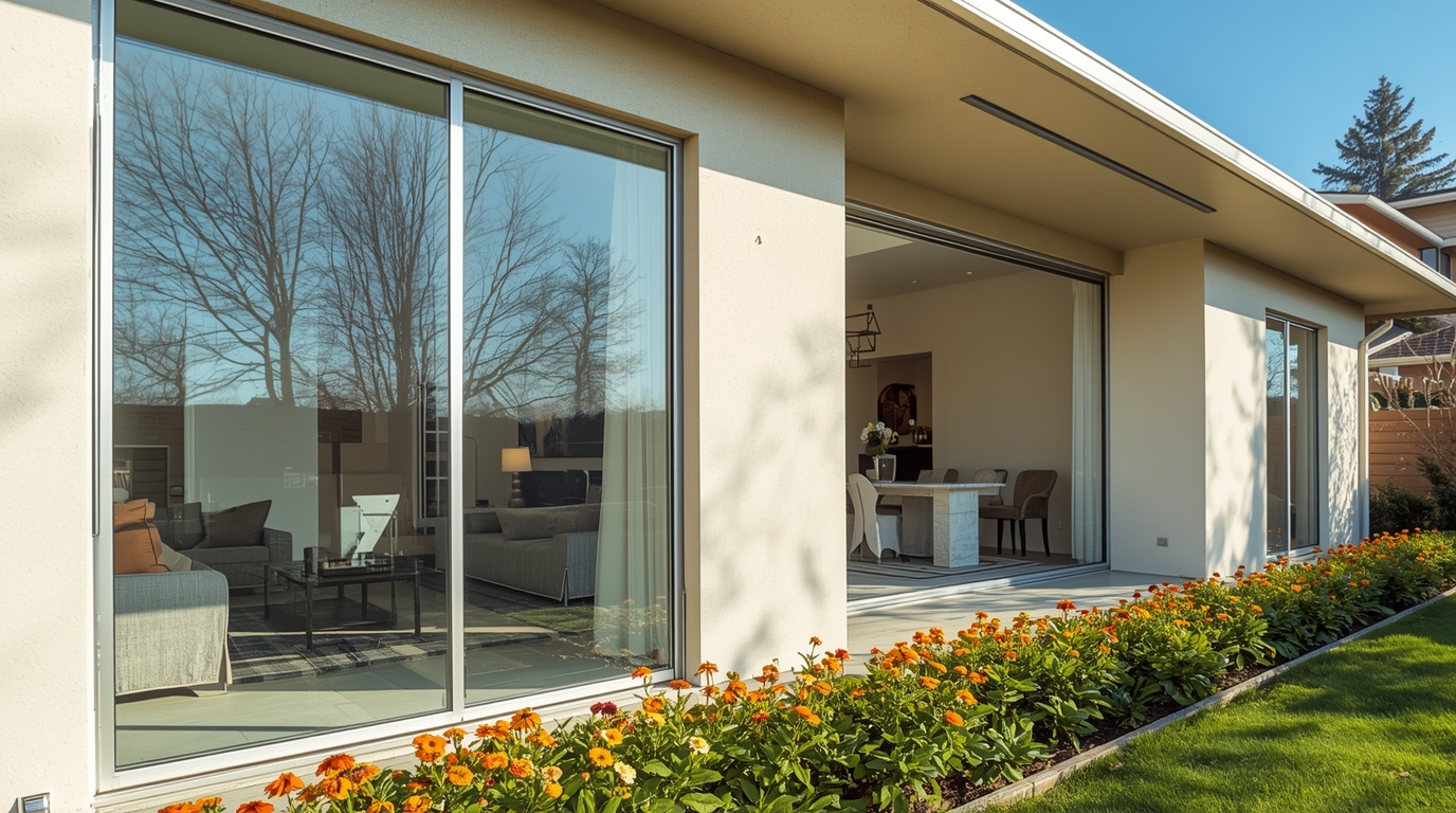 Clean windows reflecting the garden
